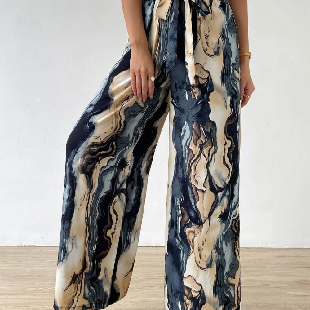 Blue Preppy Womens Allover Print Belted Wide Leg Pants - Picture 3 of 5
